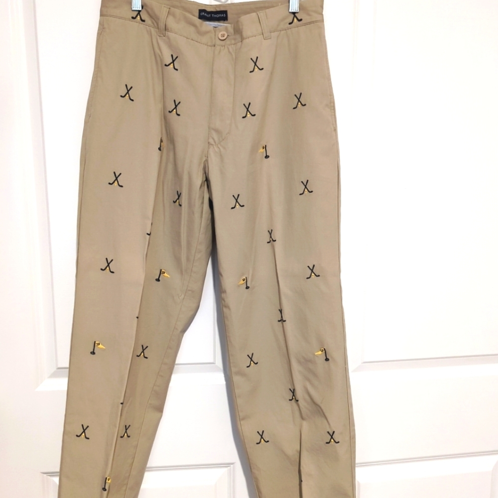 Grant Thomas Golf Clubs/Flags Embroidered Pants 32x30 Khaki Chino-gb